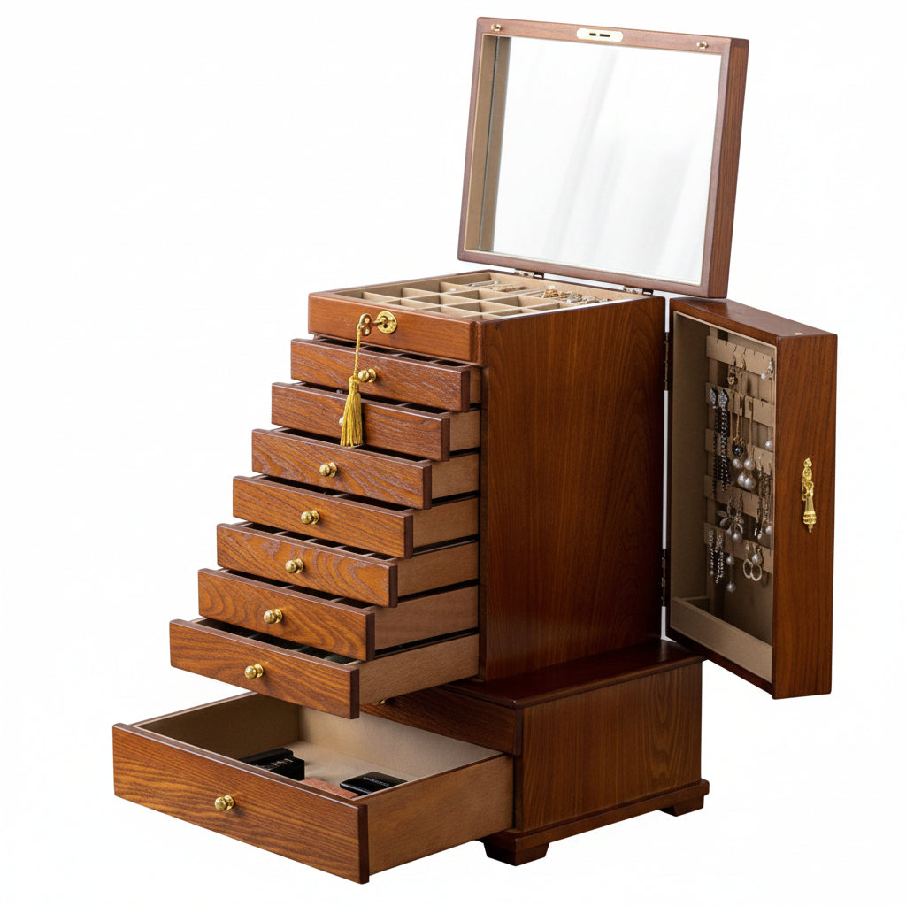 Grande Boîte à Bijoux en Bois – 9 Tiroirs & Portes Latérales - Cléophée Paris