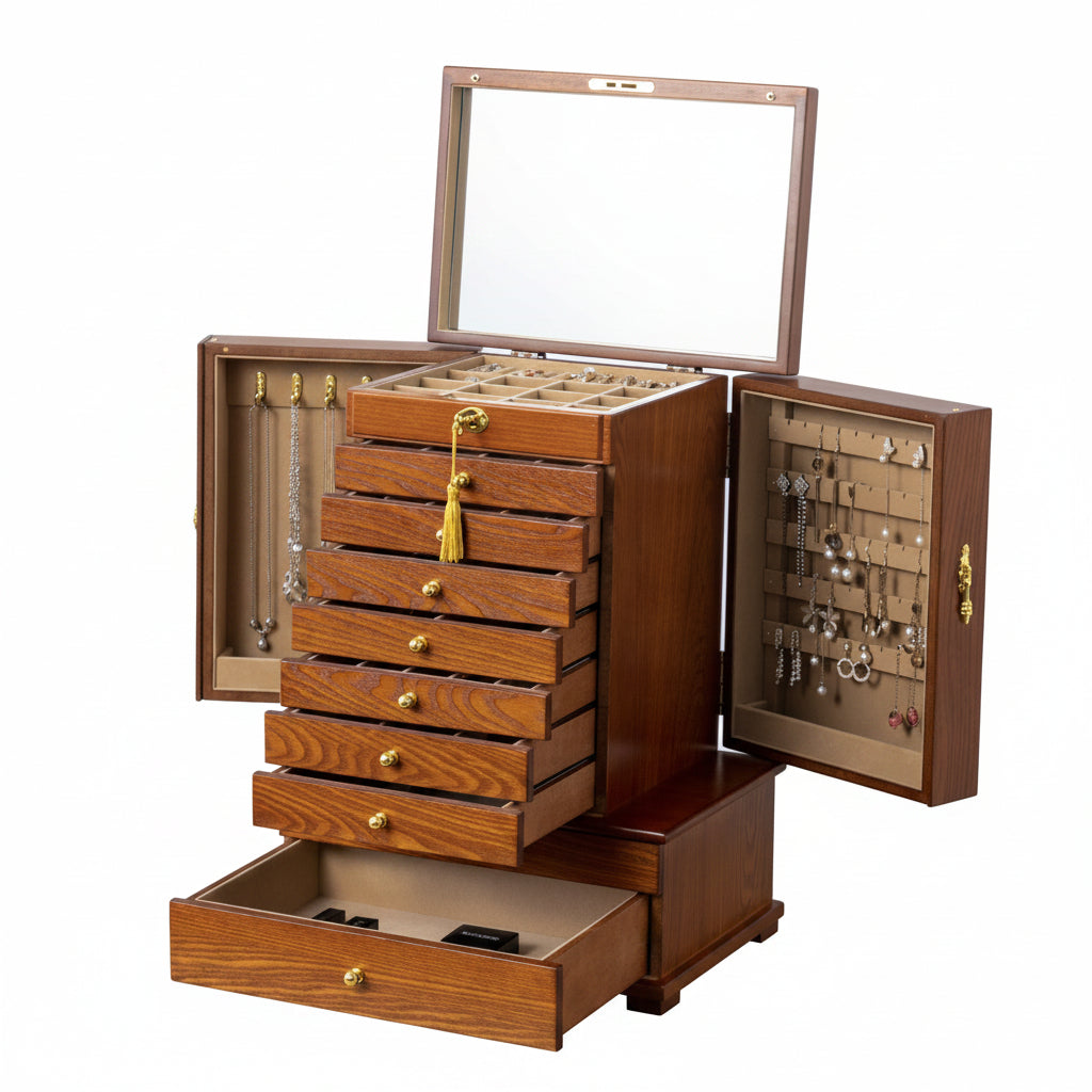 Grande Boîte à Bijoux en Bois – 9 Tiroirs & Portes Latérales - Cléophée Paris