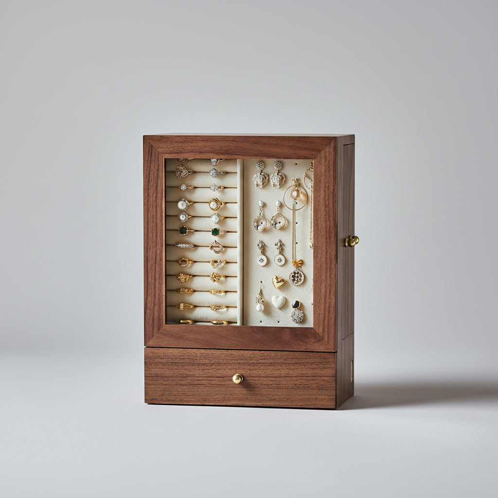 Vitrine à bijoux en noyer massif – façade vitrée & 3 tiroirs - Cléophée Paris