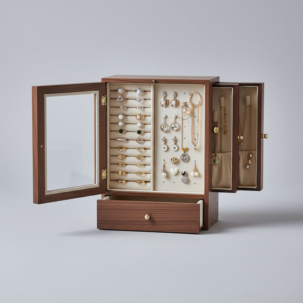 Vitrine à bijoux en noyer massif – façade vitrée & 3 tiroirs - Cléophée Paris